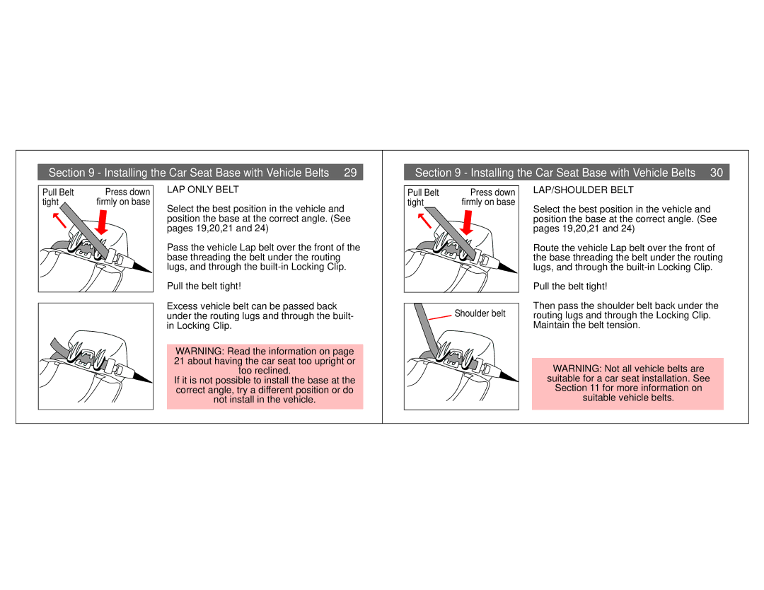 Combi Centre DX 8074, Centre ST 8065 Installing the Car Seat Base with Vehicle Belts, LAP only Belt, Pull the belt tight 