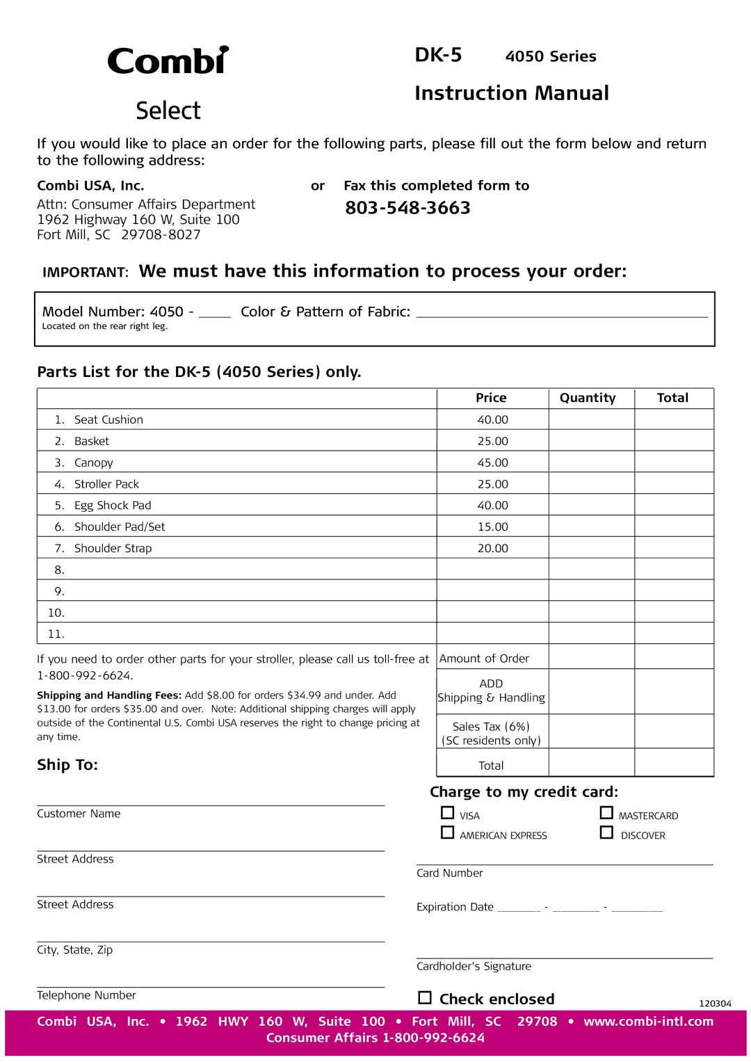 Combi DK-5 4050 instruction manual Parts Order Form 