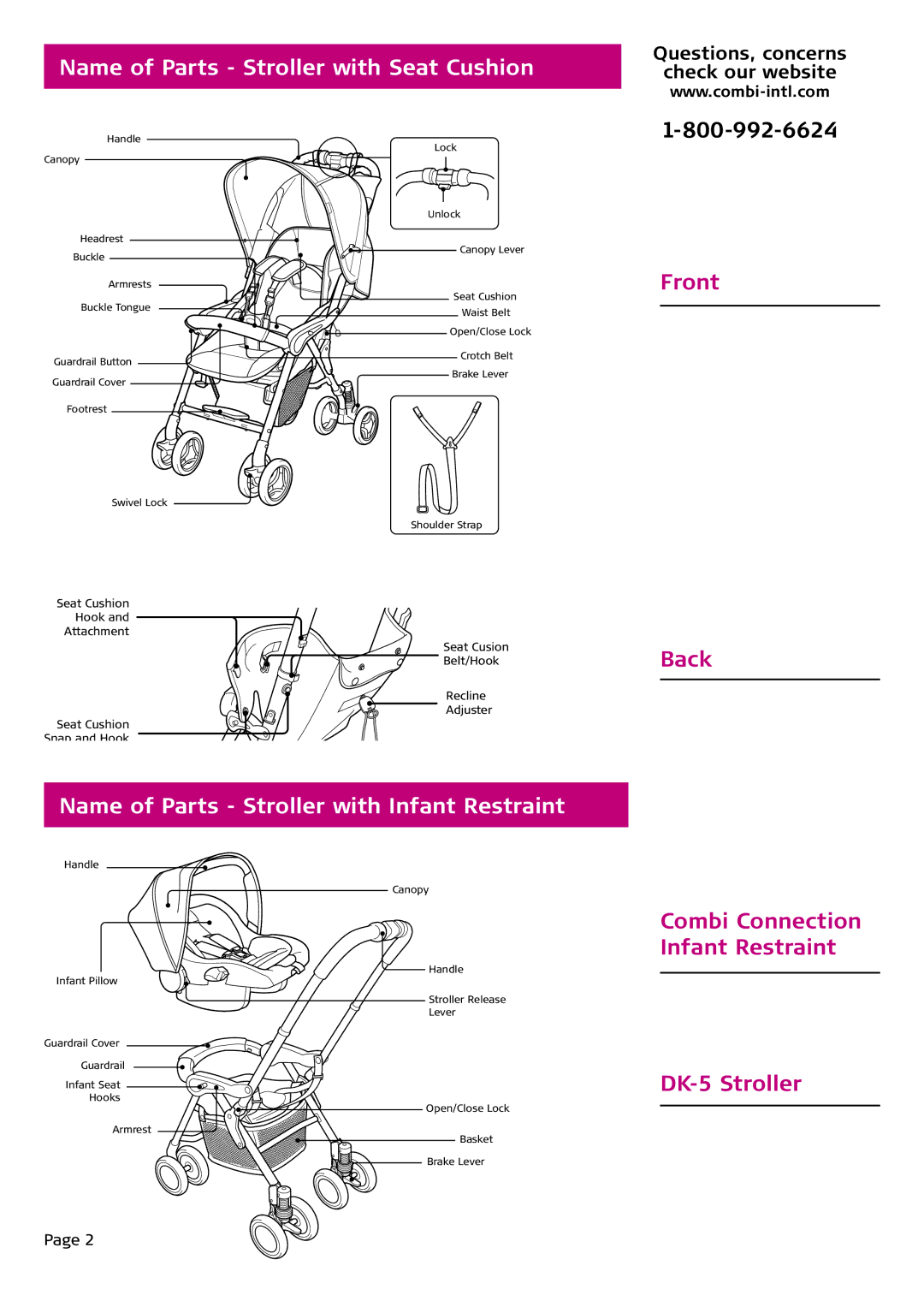 Combi DK-5 4050 instruction manual Name of Parts Stroller with Seat Cushion, Name of Parts Stroller with Infant Restraint 