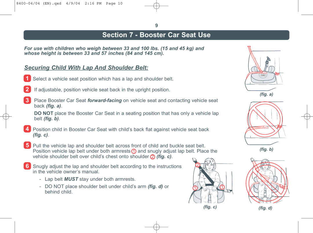 Combi Everest 8400 instruction manual Booster Car Seat Use, Securing Child With Lap And Shoulder Belt 