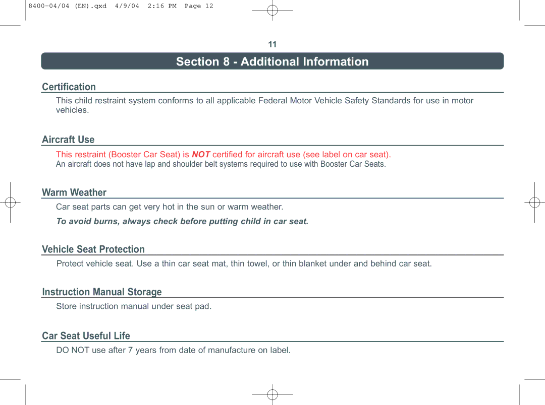 Combi Everest 8400 instruction manual Additional Information, Certification 