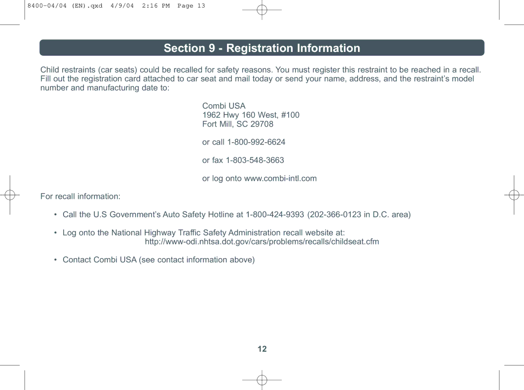 Combi Everest 8400 instruction manual Registration Information 