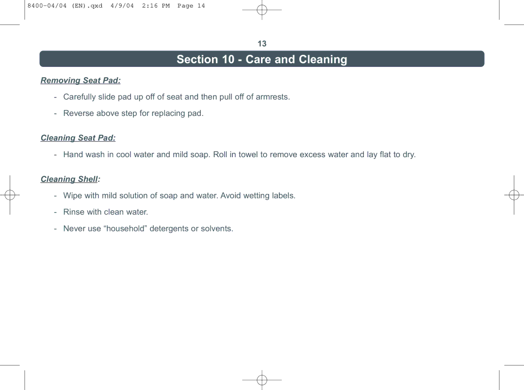 Combi Everest 8400 instruction manual Care and Cleaning, Removing Seat Pad 