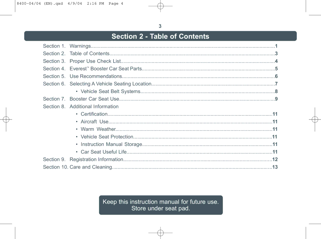 Combi Everest 8400 instruction manual Table of Contents 