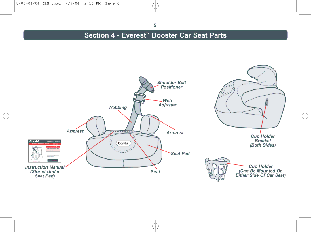 Combi Everest 8400 instruction manual Everest Booster Car Seat Parts, Webbing Shoulder Belt Positioner Web Adjuster Armrest 