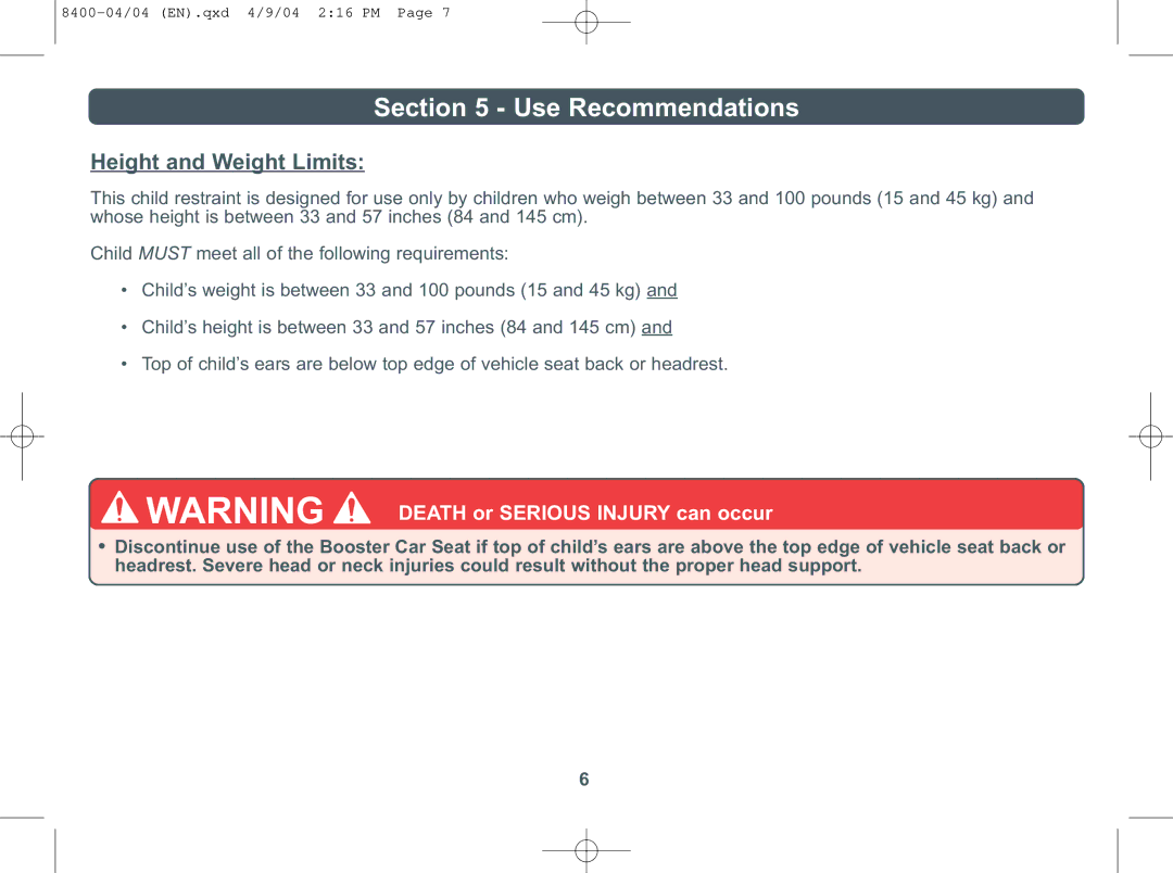 Combi Everest 8400 instruction manual Use Recommendations, Height and Weight Limits 