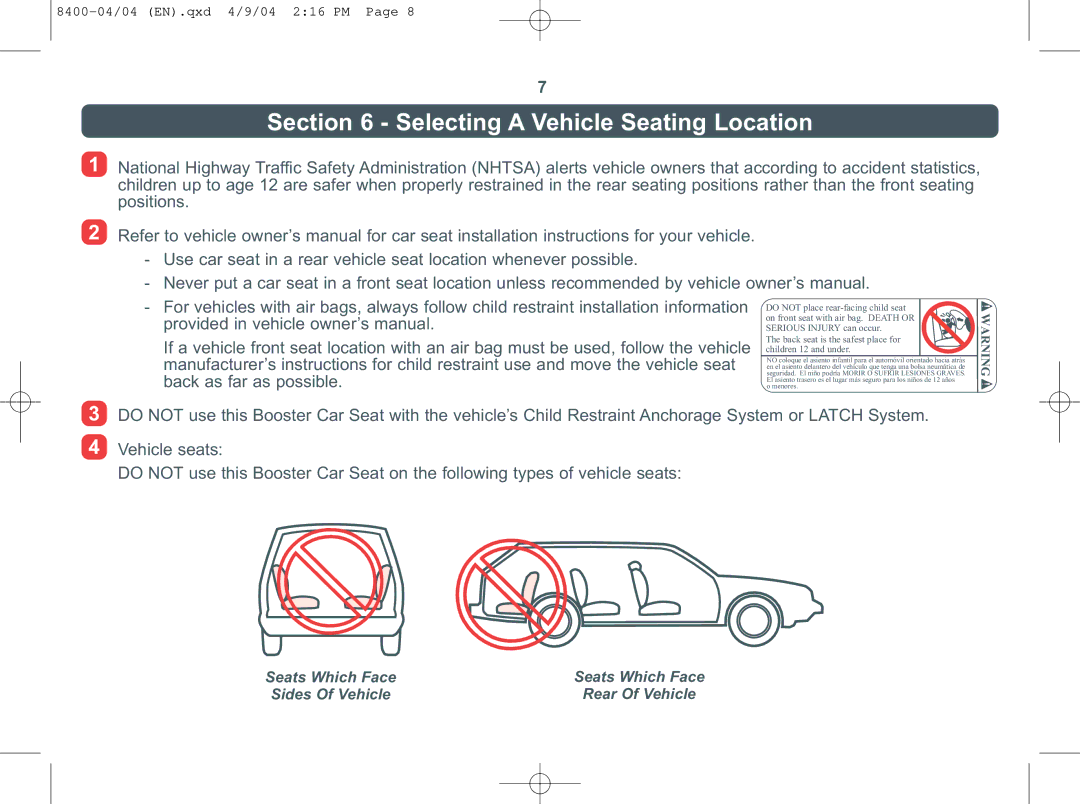 Combi Everest 8400 instruction manual Selecting a Vehicle Seating Location 