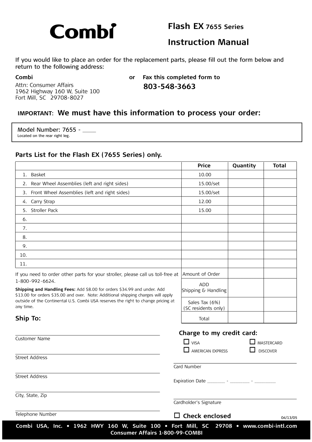 Combi Flash EX 655 instruction manual Parts List for the Flash EX 7655 Series only 