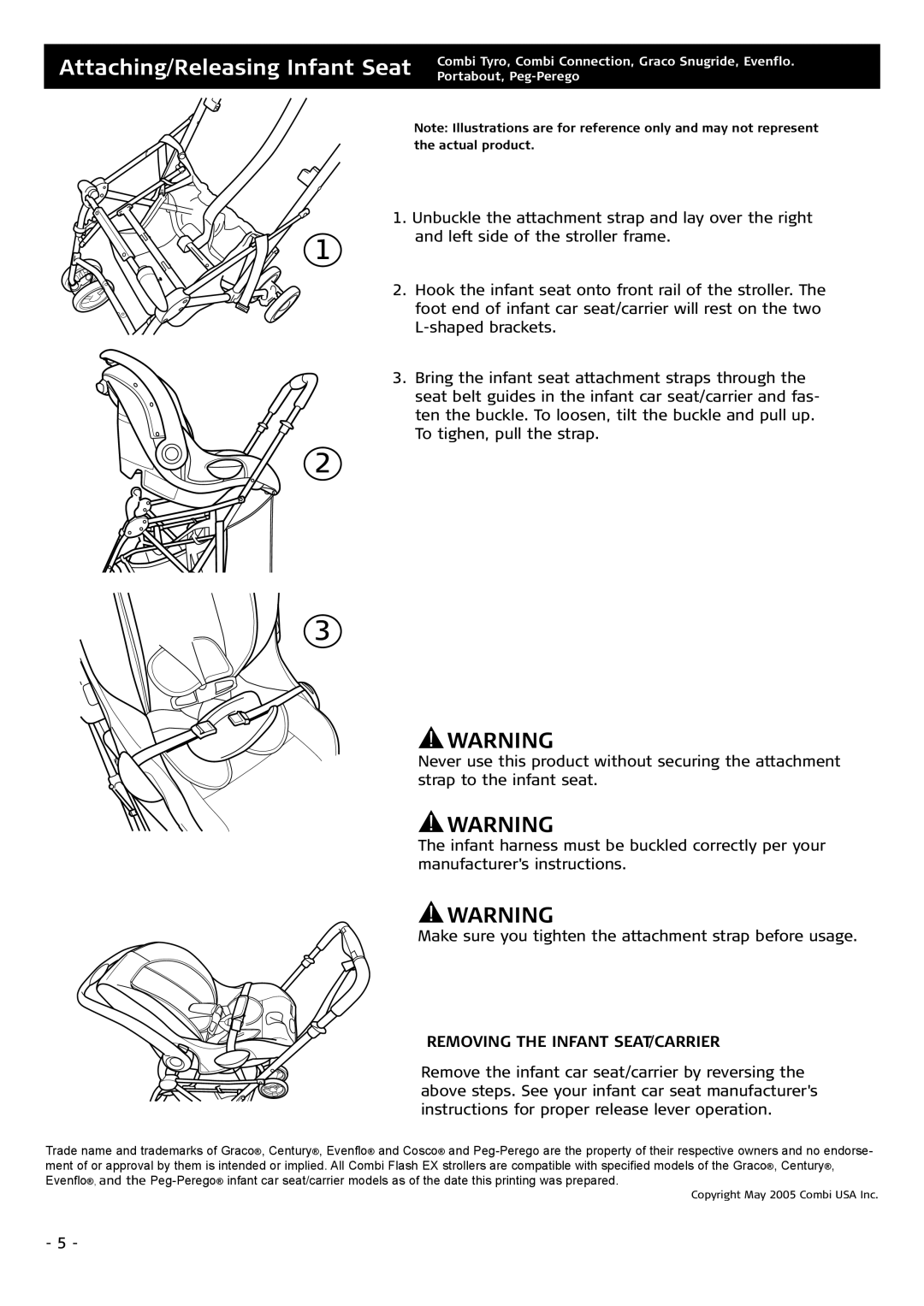 Combi Flash EX 655 instruction manual Attaching/Releasing Infant Seat, Removing the Infant SEAT/CARRIER 