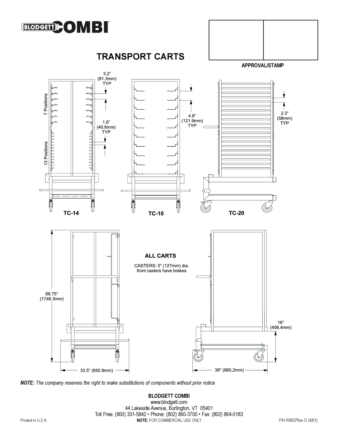 Combi TC-10, TC-20, TC-14 manual APPROVAL/STAMP Blodgett Combi 