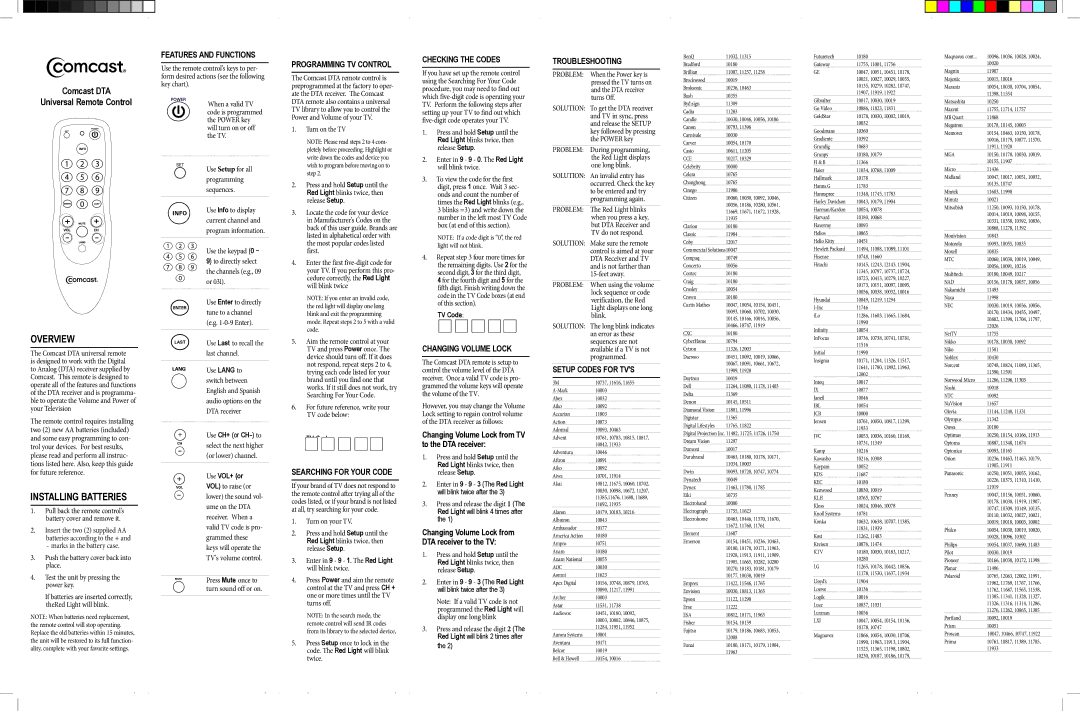 Comcast DTA manual Features And Functions, Programming TV control, Searching For Your Code, Checking the Codes 