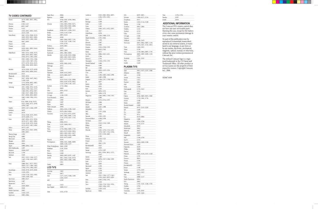 Comcast DTA manual TV Codes, LCD TVs, Plasma TVs, Additional information 