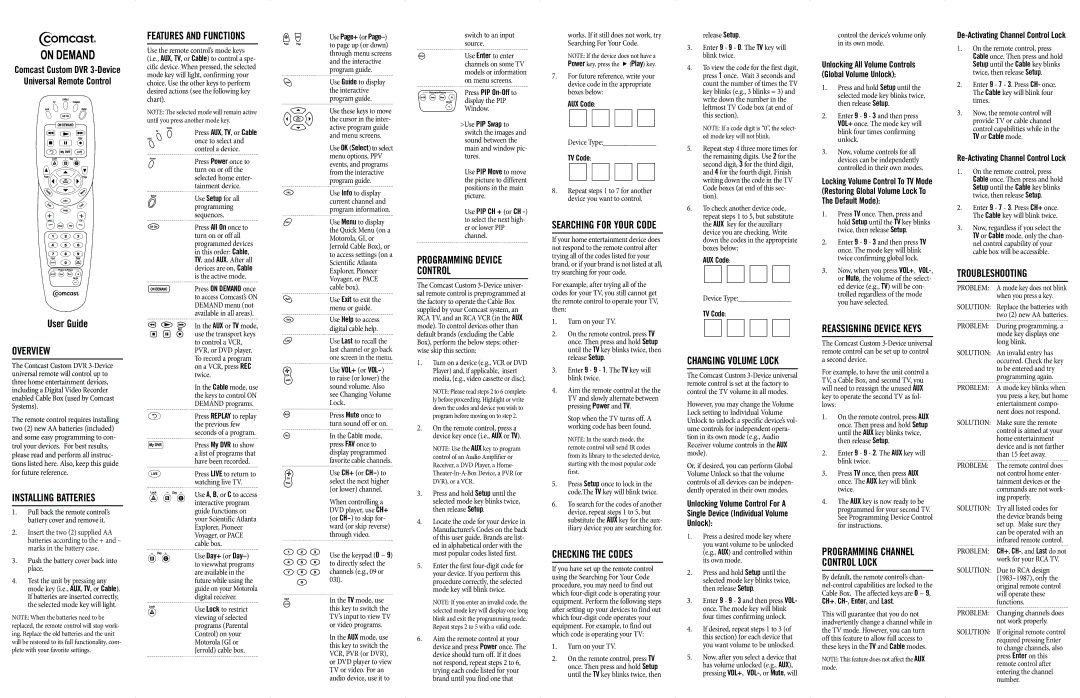 Comcast M1067/8A manual Overview, Installing Batteries, Features and Functions, Checking the Codes, Changing Volume Lock 