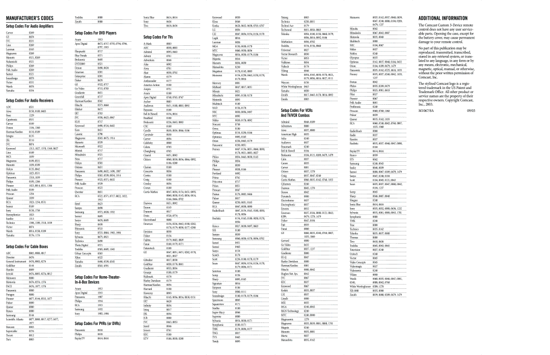 Comcast M1067/8A manual Additional Information 