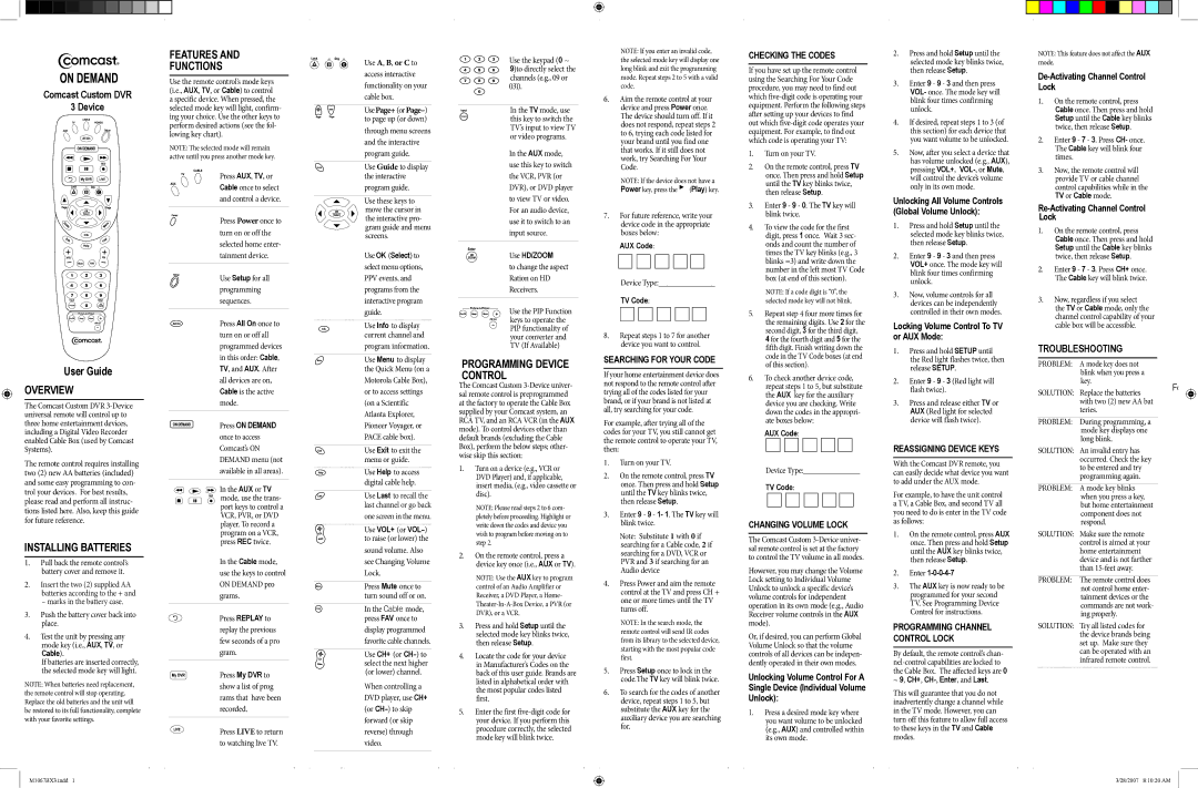 Comcast M1067BX3 manual Searching For Your Code, Checking the Codes, Changing Volume Lock, Reassigning device keys 