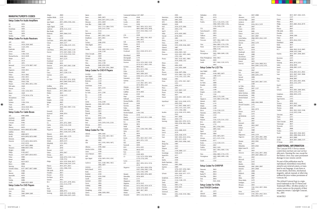 Comcast M1067BX3 manual MANUFACTURER’s Codes, Setup Codes For TVs, Setup Codes For LCD TVs, Setup Codes For DVR/PVR 