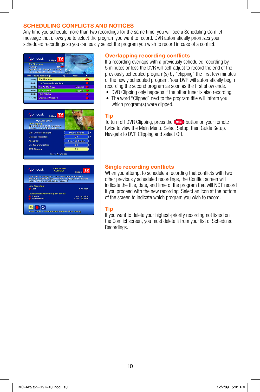 Comcast MO A25.2-2 manual Scheduling Conflicts and Notices, Overlapping recording conflicts, Single recording conflicts 