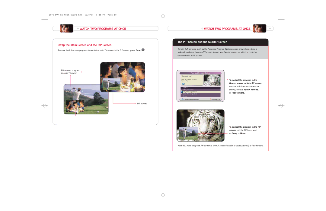 Comcast 1676-DVR SA, R20 manual Swap the Main Screen and the PIP Screen, PIP Screen and the Quarter Screen, PIP screen 