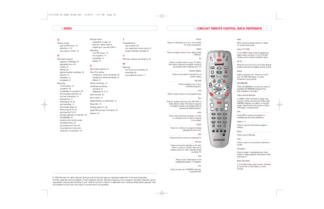 Comcast 1676-DVR SA, R20 manual Index Comcast Remote Control Quick Reference 