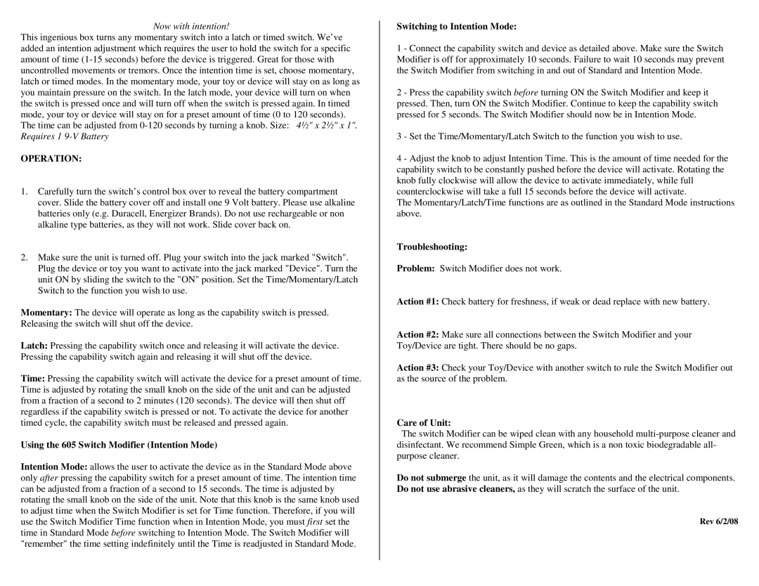 Command Communications manual Operation, Using the 605 Switch Modifier Intention Mode, Switching to Intention Mode 