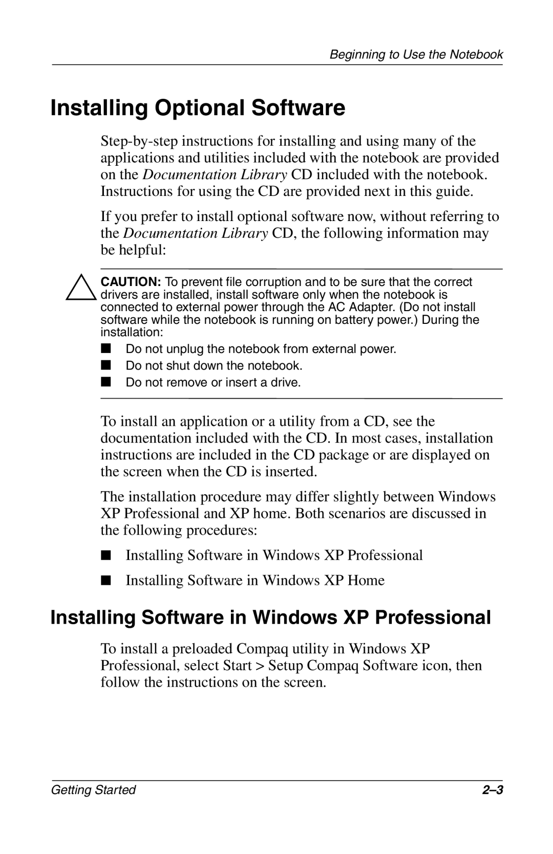 Compac Industries 272637-001 manual Installing Optional Software, Installing Software in Windows XP Professional 