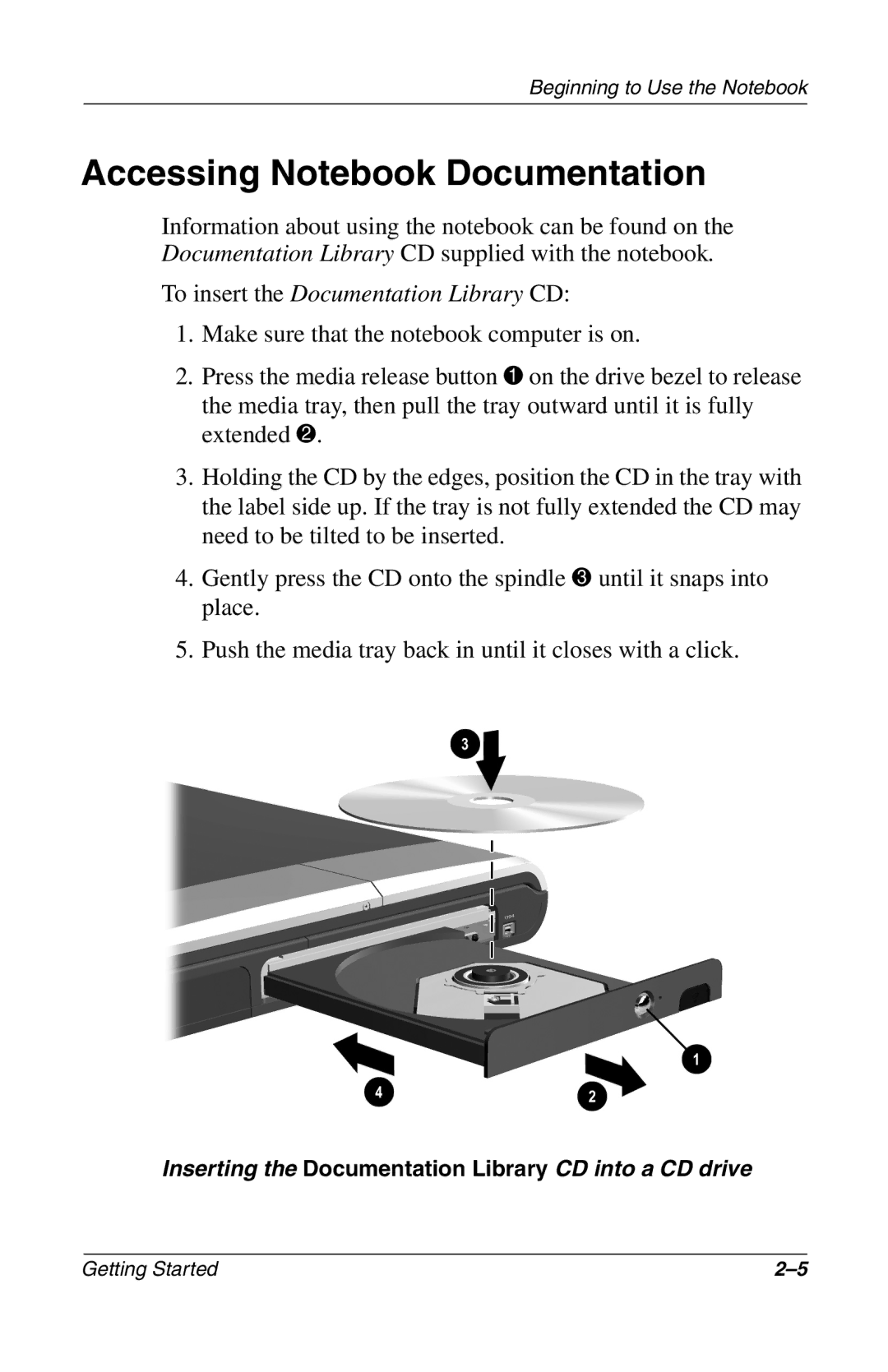 Compac Industries 272637-001 manual Accessing Notebook Documentation, To insert the Documentation Library CD 