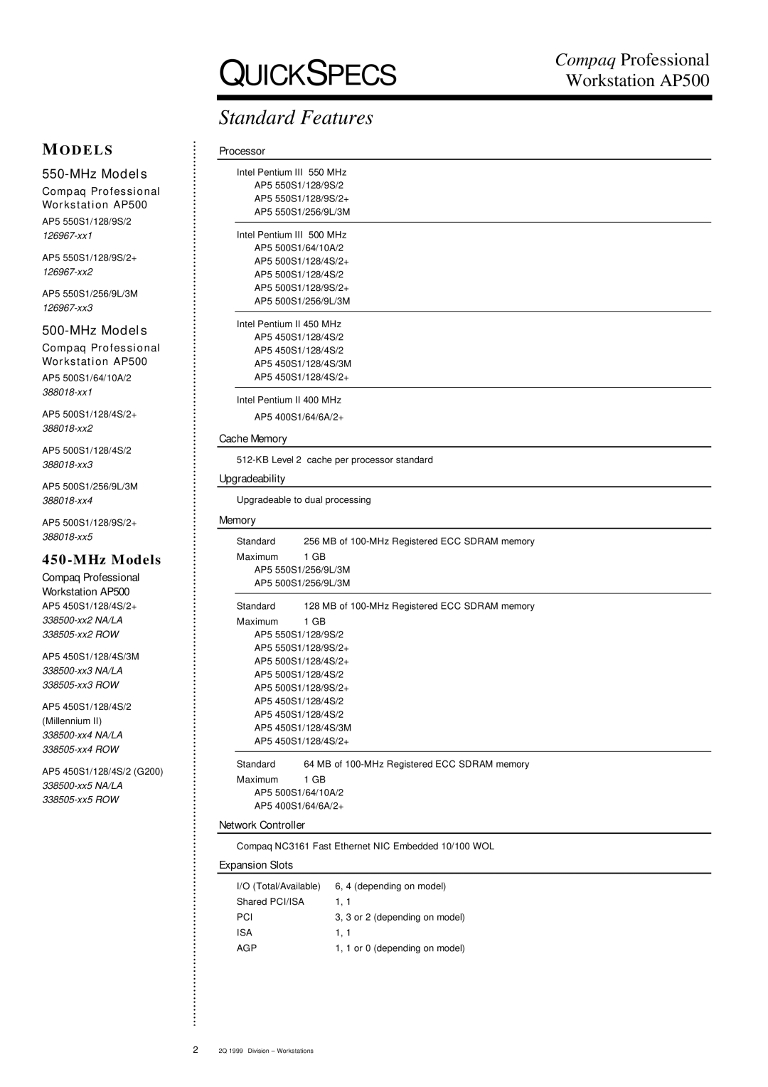 Compac Industries AP500 warranty Standard Features 