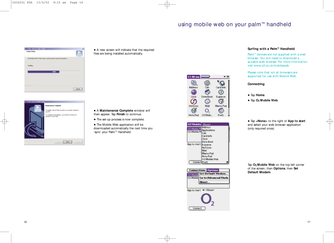 Compaq 02CS251 manual Using mobile web on your palm handheld, Surfing with a Palm Handheld, Connecting 