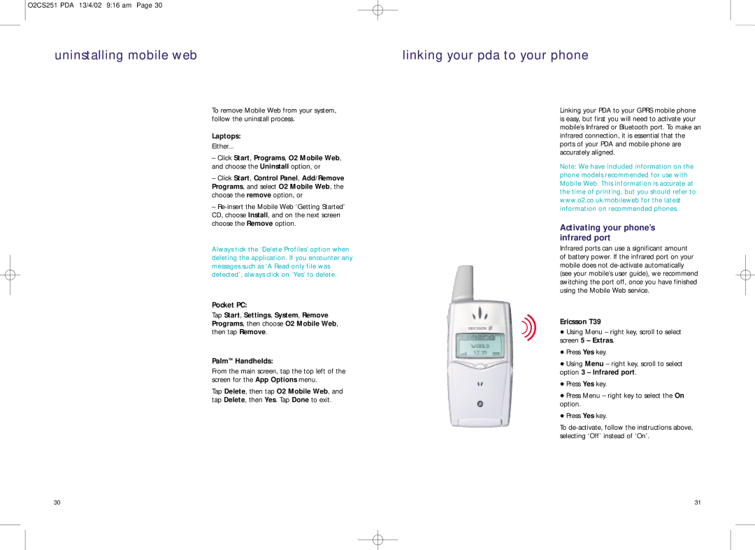 Compaq 02CS251 Uninstalling mobile web, Linking your pda to your phone, Activating your phone’s infrared port, Laptops 