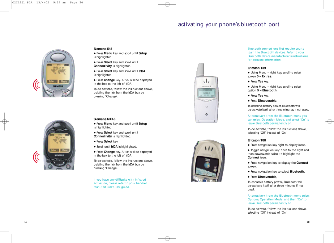 Compaq 02CS251 manual Activating your phone’s bluetooth port, Siemens S45, Siemens ME45, Press Discoverable 