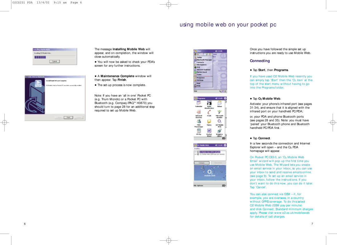 Compaq 02CS251 manual Using mobile web on your pocket pc, Connecting 