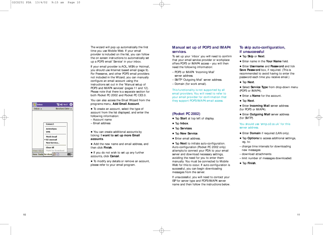 Compaq 02CS251 manual Manual set up of POP3 and IMAP4 services, Pocket PC, To skip auto-configuration, if unsuccessful 