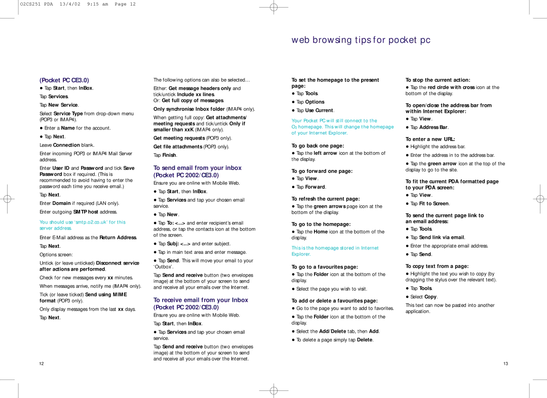 Compaq 02CS251 manual Web browsing tips for pocket pc, Pocket PC CE3.0, To send email from your inbox Pocket PC 2002/CE3.0 