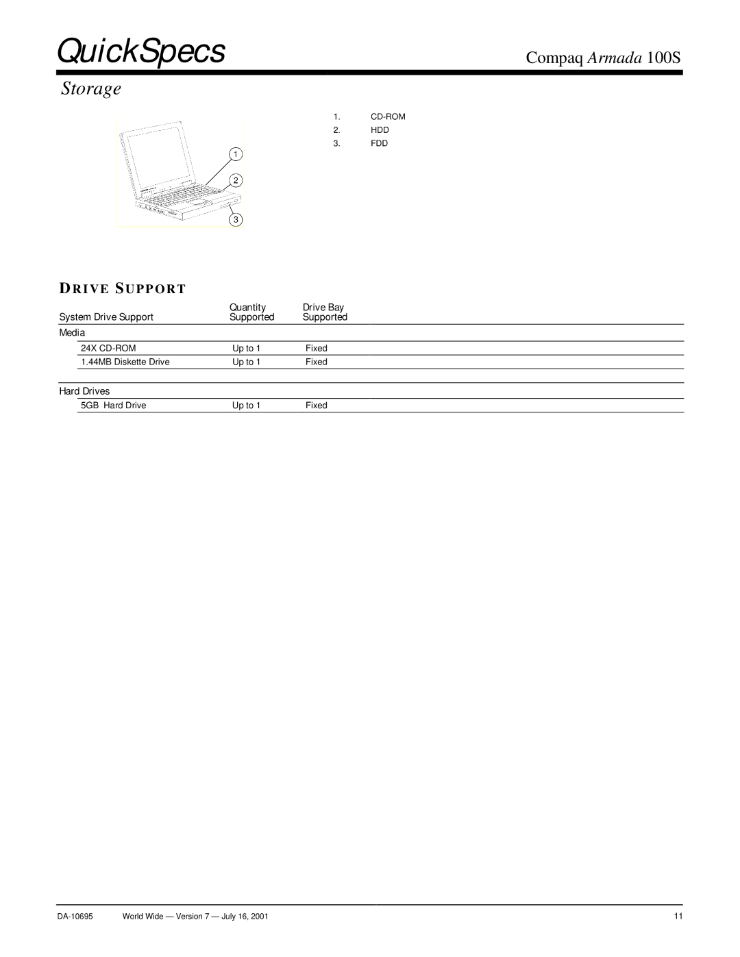 Compaq 100 S warranty Storage, System Drive Support Quantity Drive Bay Supported Media, Hard Drives 