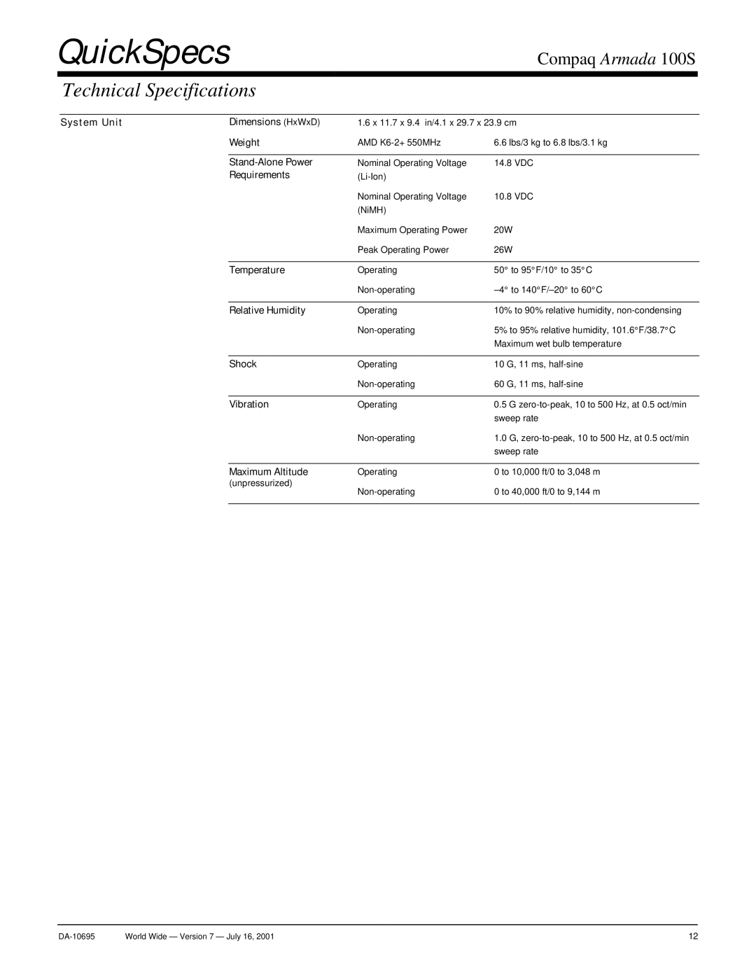 Compaq 100 S warranty Technical Specifications 