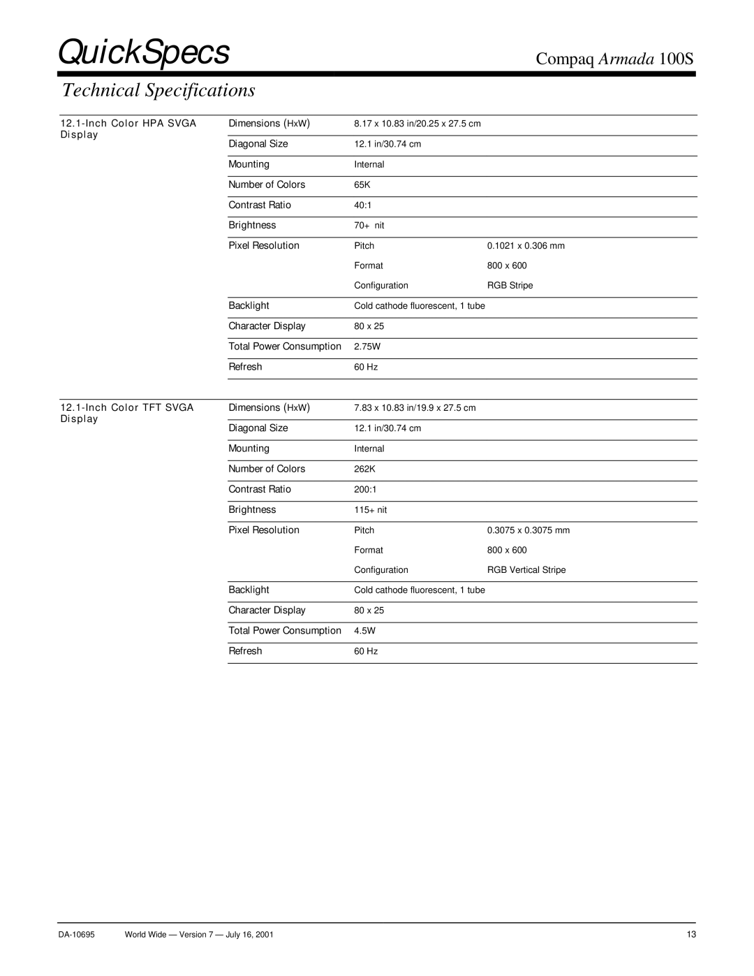 Compaq 100 S warranty Inch Color HPA Svga Dimensions HxW, Display Diagonal Size, Mounting, Number of Colors, Contrast Ratio 