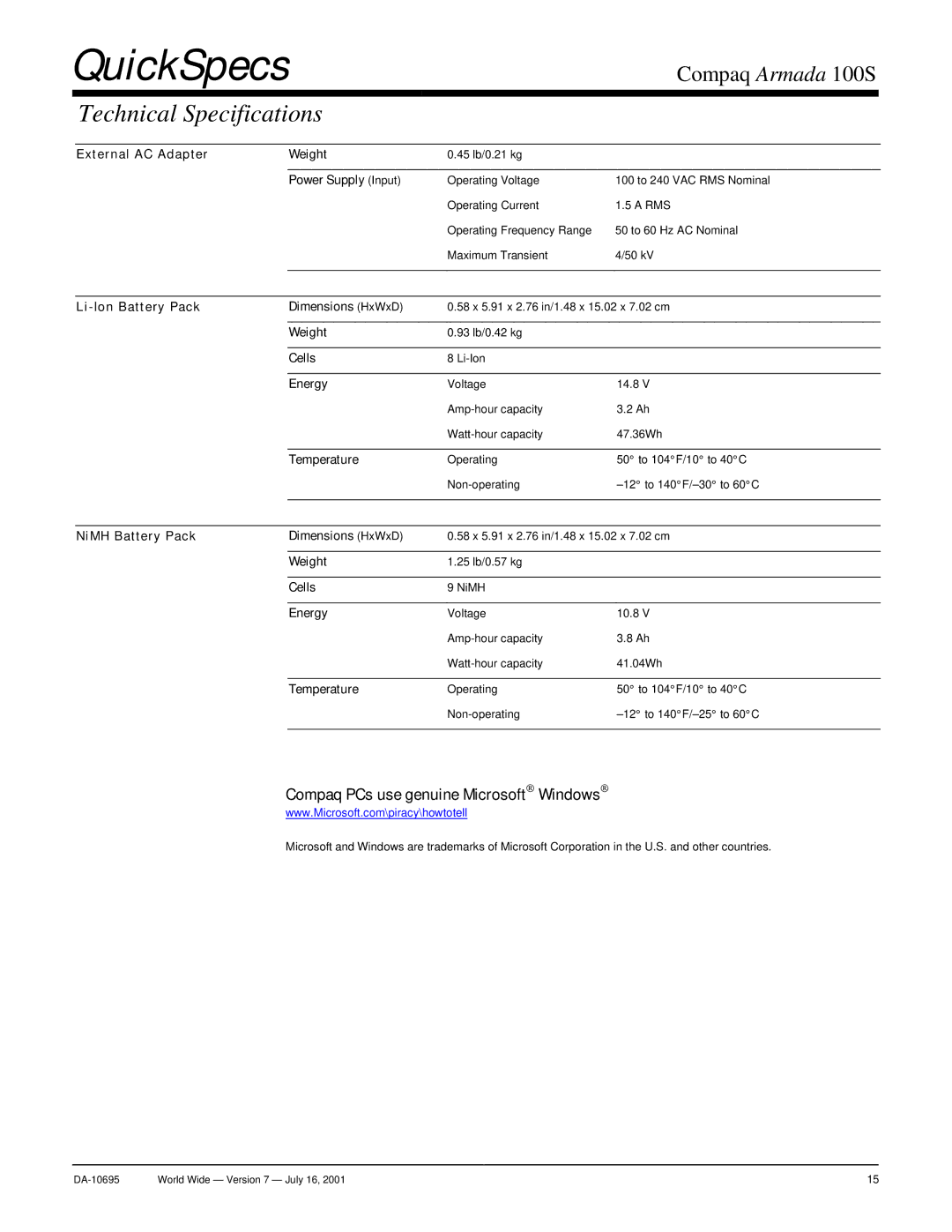 Compaq 100 S warranty External AC Adapter Weight, Power Supply Input, Li-Ion Battery Pack Dimensions HxWxD, Cells, Energy 