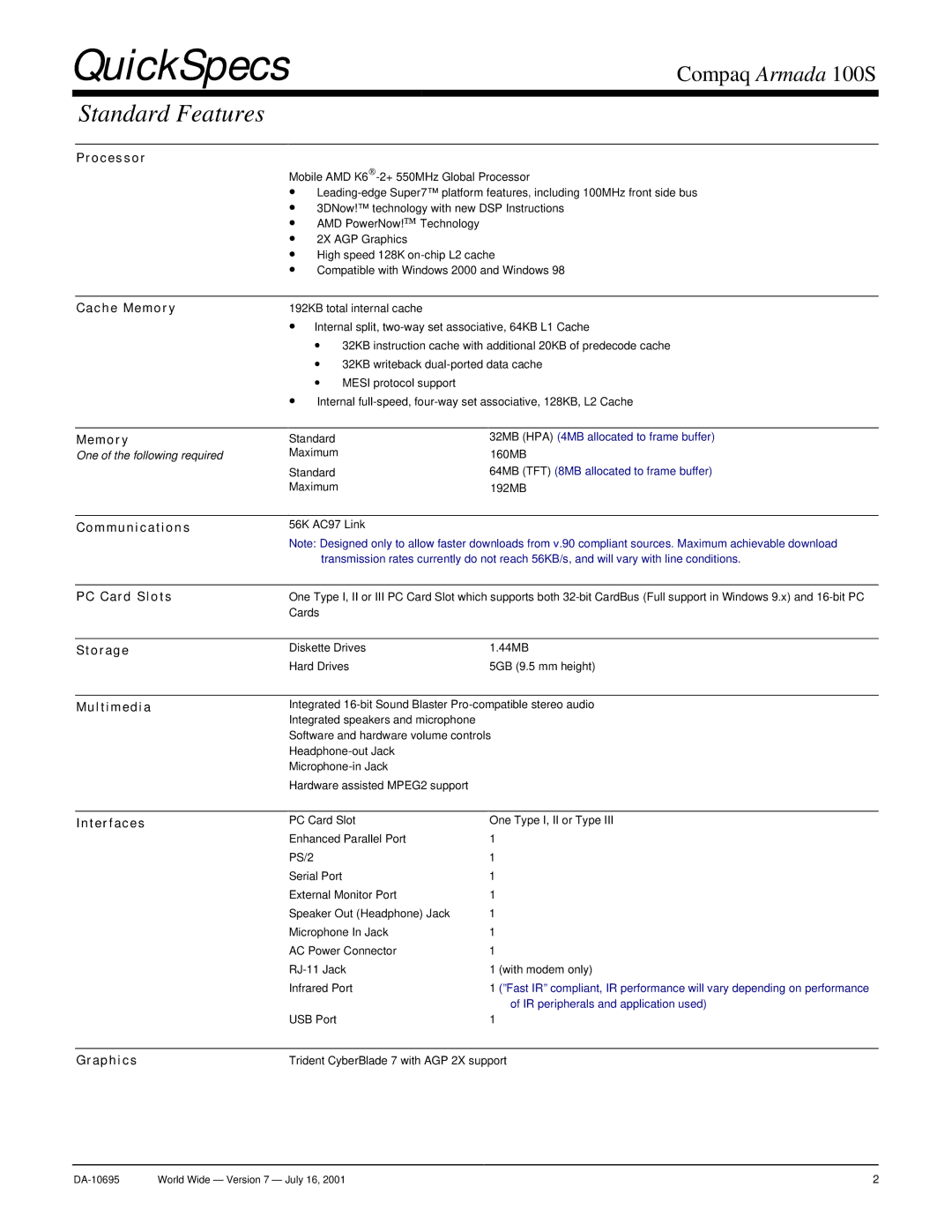 Compaq 100 S warranty Standard Features 