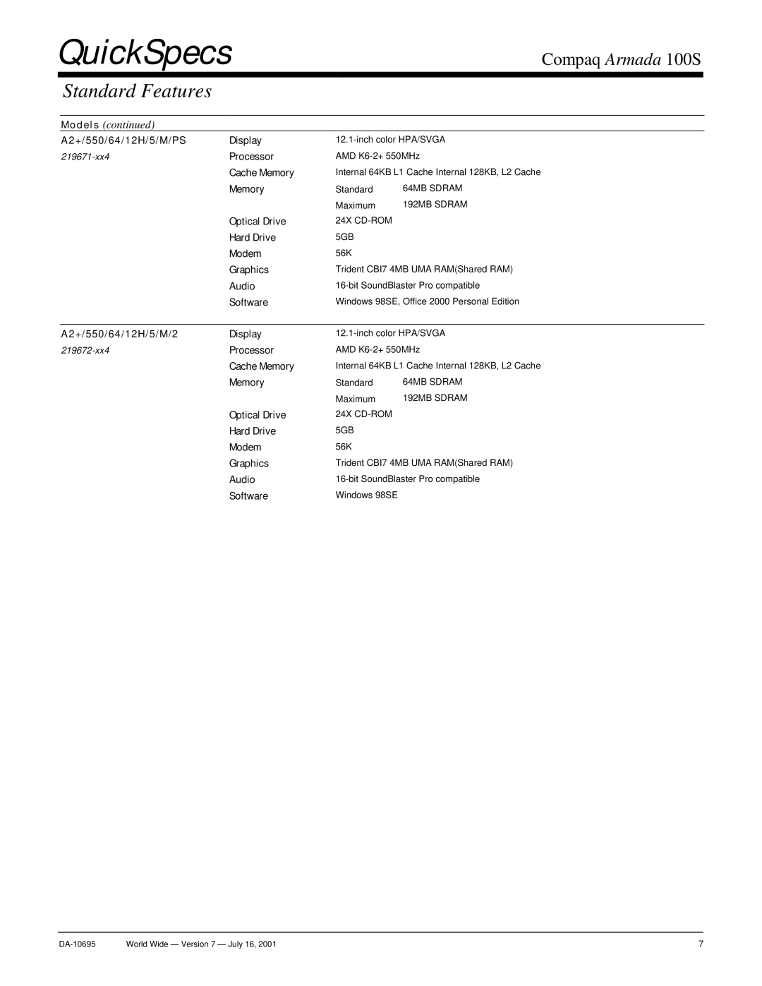 Compaq 100 S warranty A2+/ 550/ 64/12H/5/M/PS Display 