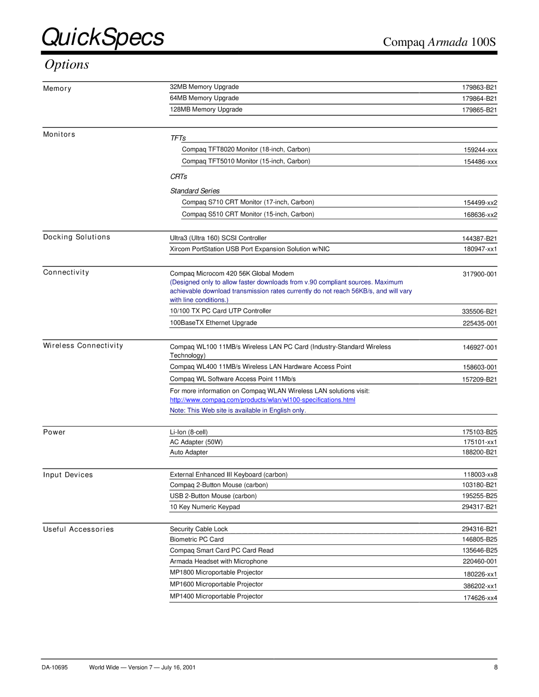 Compaq 100 S warranty Options, TFTs, CRTs Standard Series 