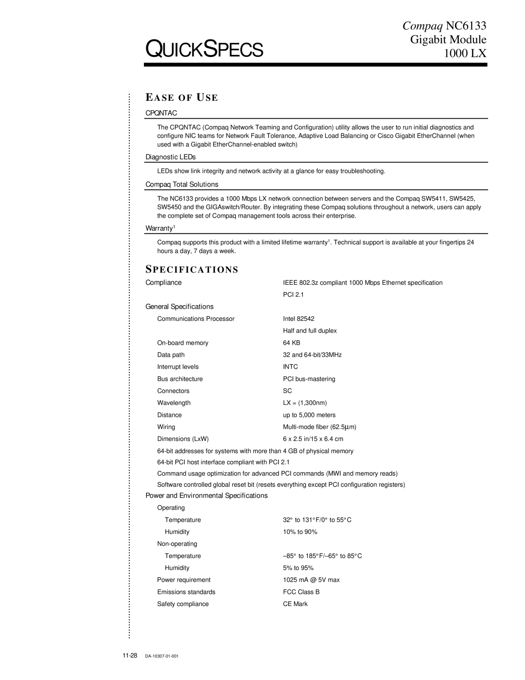 Compaq 1000 LX manual Pecifications 