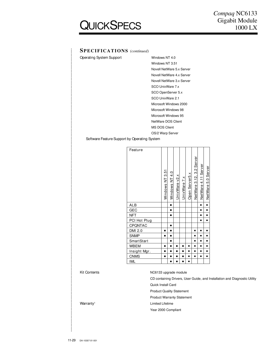 Compaq 1000 LX manual Operating System Support, Dmi, SmartStart, Insight Mgr, Kit Contents 