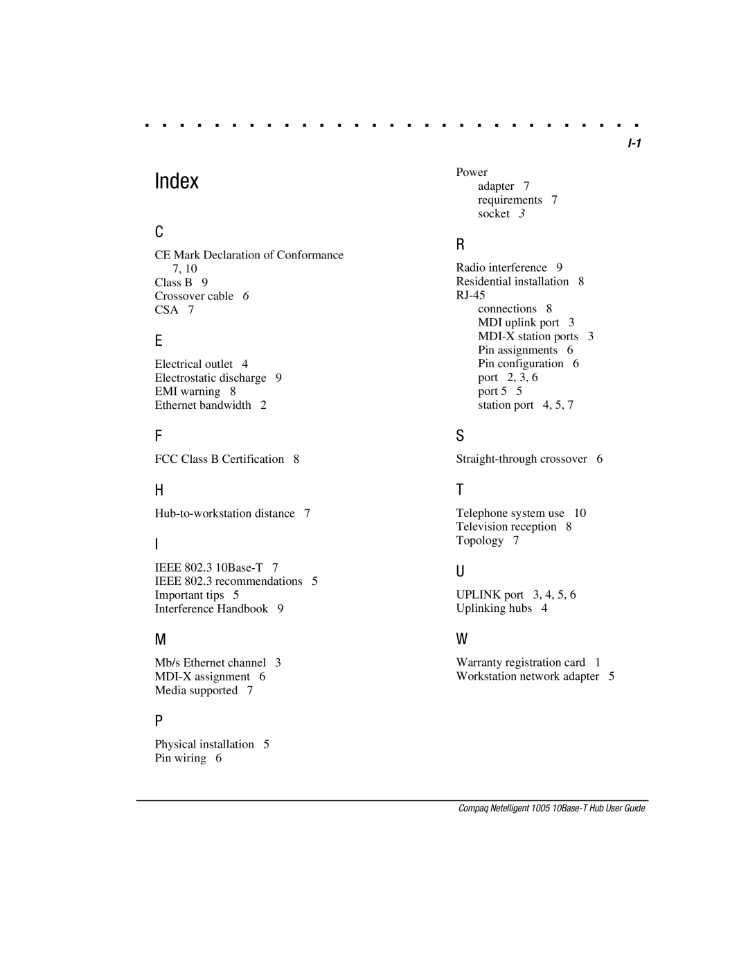 Compaq 1005 manual Index 