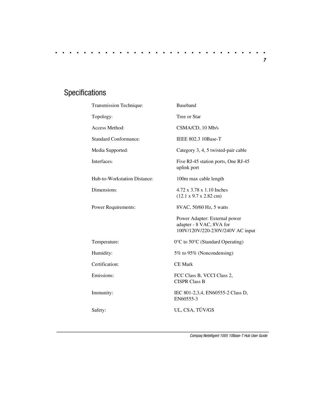 Compaq 1005 manual Specifications 