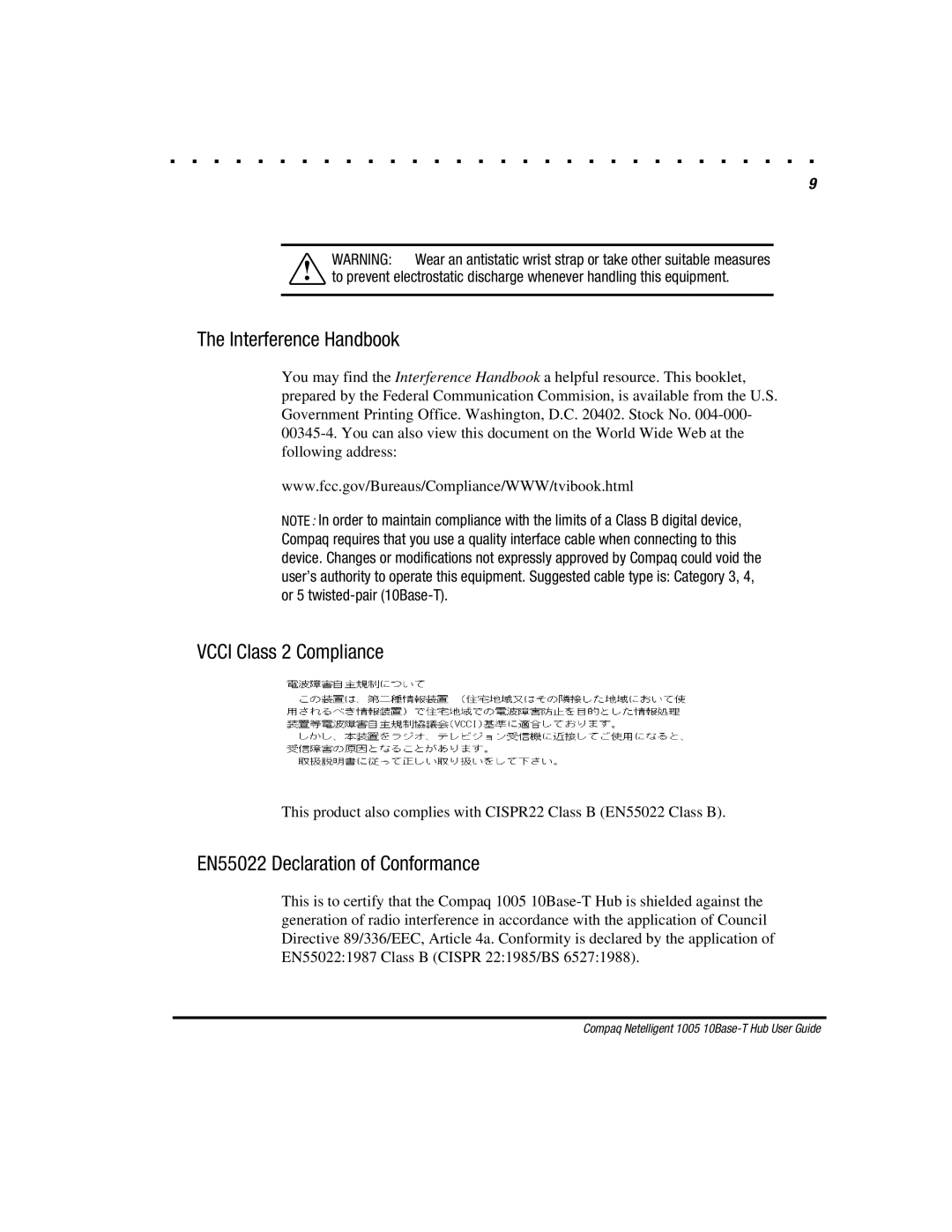 Compaq 1005 manual The Interference Handbook, VCCI Class 2 Compliance, EN55022 Declaration of Conformance 