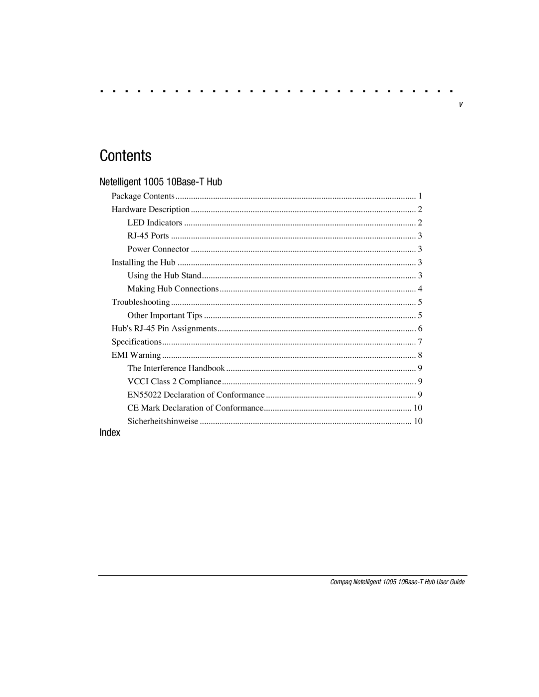 Compaq manual Contents, Netelligent 1005 10Base-T Hub, Index 