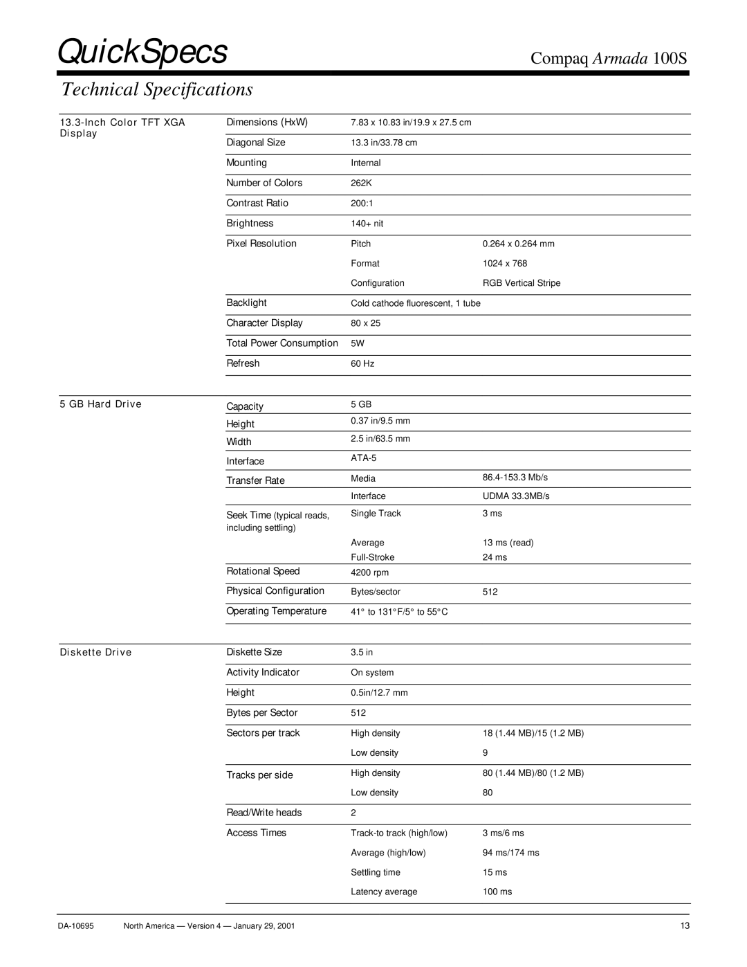 Compaq 100S warranty Inch Color TFT XGA Dimensions HxW, GB Hard Drive Capacity Height, Width, Interface, Transfer Rate 