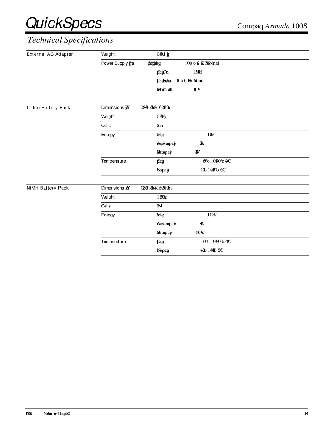 Compaq 100S warranty External AC Adapter Weight, Power Supply Input, Li-Ion Battery Pack Dimensions HxWxD, Cells, Energy 