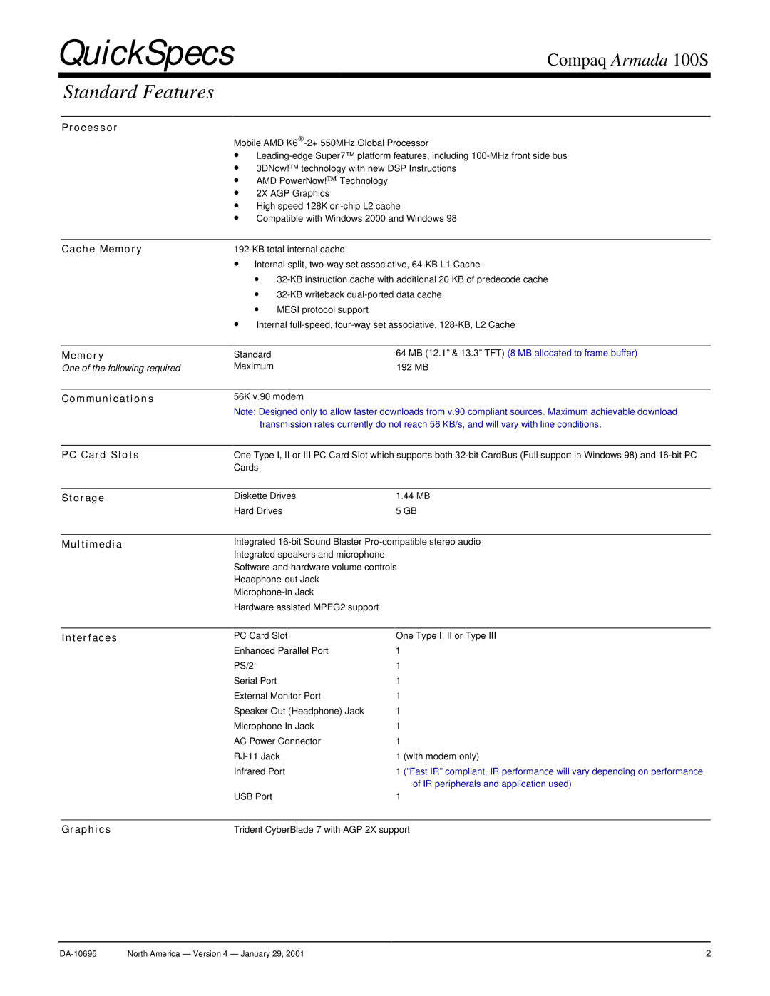 Compaq 100S warranty Standard Features 