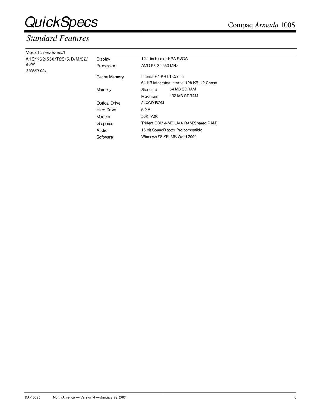 Compaq 100S warranty A1S/K62/550/T 2S /5/D/M/32 Display 